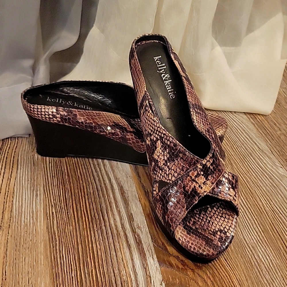 Snake print slip on wedges